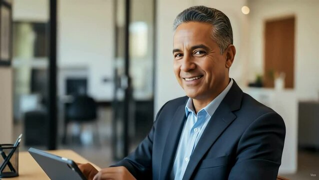 Confident Professional in a Modern Office Setting, Smiling While Using a Digital Tablet for Work