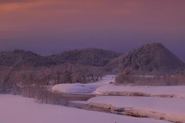 朝陽に染まる樹氷と川霧