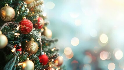 Festive Christmas Tree: Red and gold ornaments adorn a green tree, sparkling with lights, against a soft, out-of-focus background, evoking a warm, holiday atmosphere. - Powered by Adobe