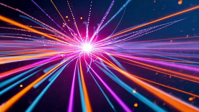 Dynamic Abstract Light Trails with Neon Lines Radiating from Bright Center in Dark Background