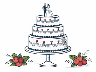 Create a bold vector illustration of a three-tiered wedding cake with thick outlines, emphasizing clean lines and sharp edges.  Include simple, elegant decorations.