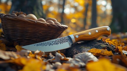 An elaborate knife lies on a log next to a basket of fresh mushrooms surrounded by colorful autumn leaves.