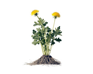Dandelion plant with vibrant yellow flowers and a deep root system