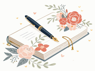 Design a bold, vector illustration of a wedding guestbook, emphasizing its elegant, thick stroke style.  Include realistic details like a bound book and blank pages.