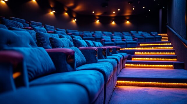 Plush theater seats await viewers under soft, colorful lights, creating an inviting atmosphere for film enthusiasts