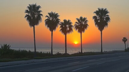 Vibrant Sunset Sky Over Palm Trees and Ocean Along Coastal Road