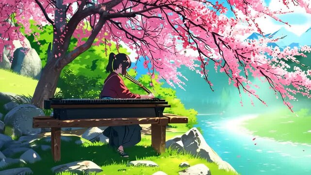 Young Woman Playing Koto under Cherry Blossom Tree by the River - Anime Style Animation