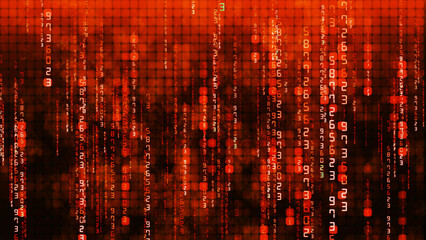 A dramatic digital presentation showing a vibrant red and deep black matrix intertwined with flowing data streams in vibrant fiery red and black. 3D Abstract vector illustration.