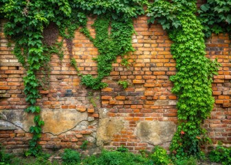 Fototapeta premium Weathered brick wall with overgrown vegetation and vines