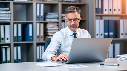 Fototapeta premium Focused Businessman Working on Laptop in Organized Office with Natural Light