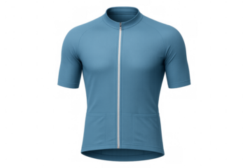 Light blue cycling jersey with short sleeves and white zipper on transparent background
