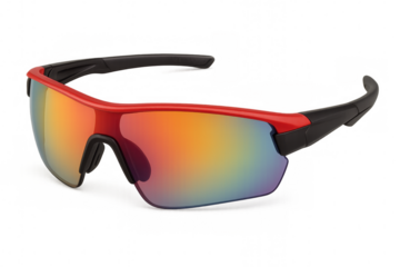 Red sport sunglasses with rainbow mirrored lenses isolated on transparent background
