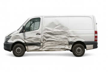 White delivery van showing extensive side damage after crashing