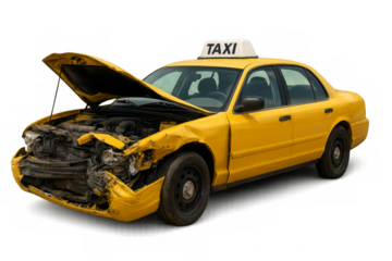 Wrecked yellow taxi cab with open hood on transparent background