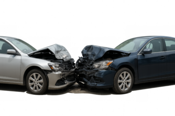 Two crashed cars with transparent background representing road accident