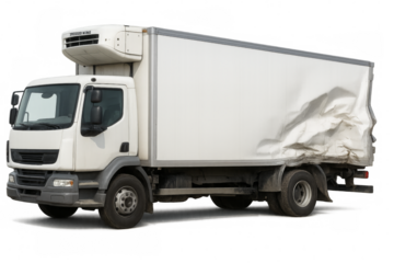White refrigerated delivery truck showing crash damage on transparent background