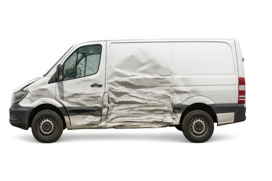 White delivery van showing extensive side damage after crashing