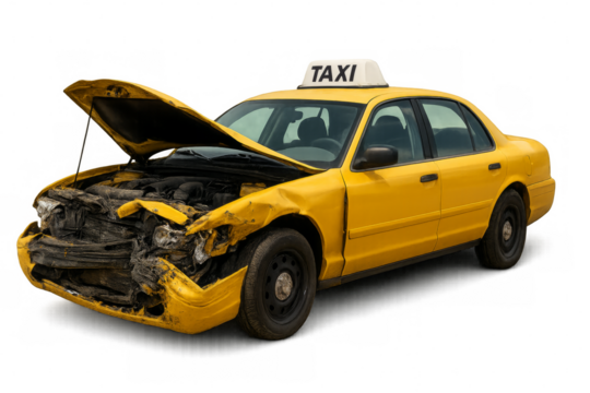 Wrecked yellow taxi cab with open hood on transparent background