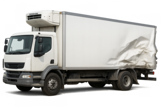 White refrigerated delivery truck showing crash damage on transparent background