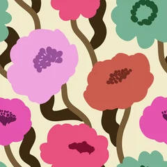 Seamless floral pattern with large, stylized flowers in pastel pink, blue, orange, yellow and green, set on a light background with dark green winding stems. Print in a minimalist style © Арина Трапезникова