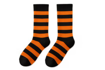 Pair of orange and black striped socks isolated on transparent background