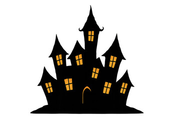 Spooky halloween castle with orange glowing windows on transparent background