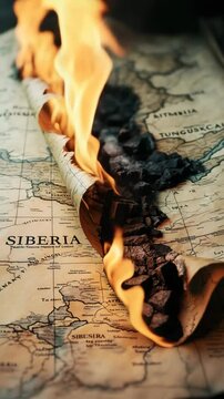 Burning Map of Siberia: Flames Consuming Vintage Map, Embers and Ashes, Close-Up View