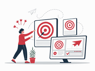 Design a bold, vector illustration of a pay-per-click advertising campaign, emphasizing the click, cost, and conversion elements.