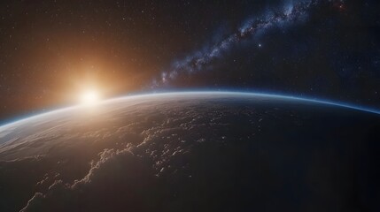Obraz premium Breathtaking view of Earth from space with sun rising and Milky Way galaxy