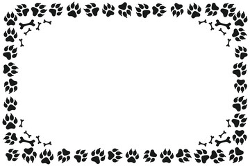 Cute pet frame with animal paw prints and bone patterns. Cat or dog paws border