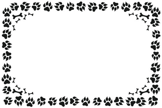 Cute pet frame with animal paw prints and bone patterns. Cat or dog paws border
