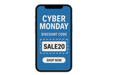 Cyber monday discount code on smartphone screen with transparent background
