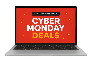 Laptop showing cyber monday deals on transparent background