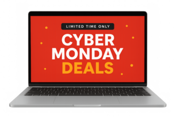 Laptop showing cyber monday deals on transparent background