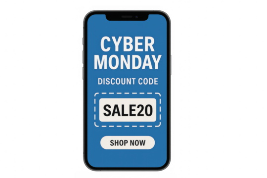 Cyber monday discount code on smartphone screen with transparent background