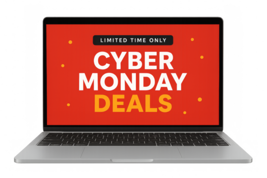 Laptop showing cyber monday deals on transparent background