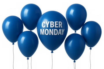 Blue balloons floating with cyber monday writing on transparent background