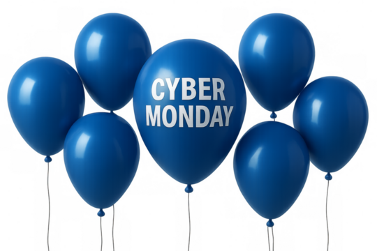 Blue balloons floating with cyber monday writing on transparent background