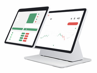 Design a bold, vector illustration of a modern trading terminal interface.  Emphasize clean lines and strong strokes. Include legible data displays.