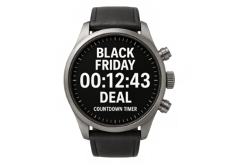 Wristwatch showing black friday deal countdown timer with transparent background