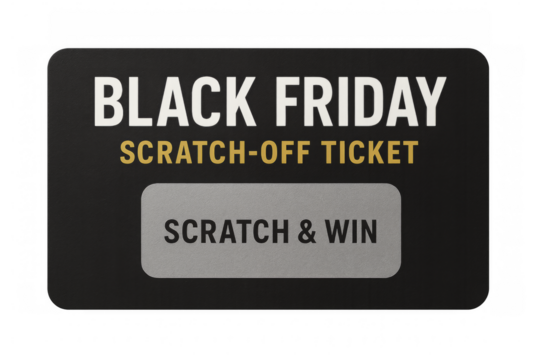 Black friday scratch-off ticket inviting customers to scratch and win on transparent background