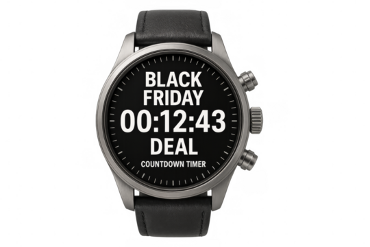 Wristwatch showing black friday deal countdown timer with transparent background