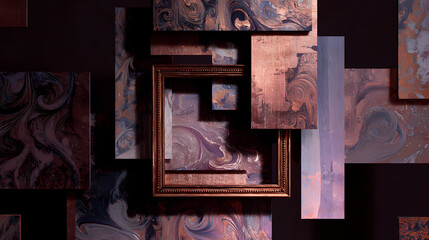 magazine visual on subconscious | self-aware illusion | lucid paranoia | copper light and shadow purple | recursive frame composition | distorted faces | temporal liquefaction | symbolic shadow