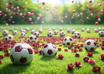 A vibrant green soccer field with rows of maroon-colored soccer balls scattered all over the lush grass and flowers