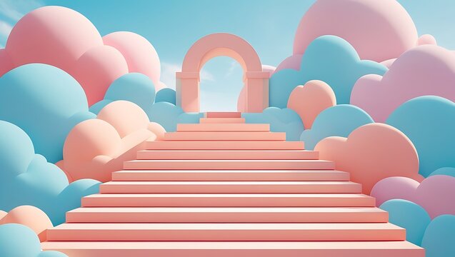 Balloons ascend from a rooftop staircase towards the sky, illustrating the concept of business achievement.