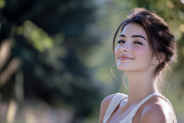 Naklejka premium Beautiful young woman smiling in nature, enjoying fresh air and sunlight