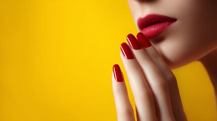 Elegant close-up of a hand with vibrant red nails and beautifully styled lips. Bright yellow background enhances the aesthetic. Perfect for beauty and fashion themes. AI