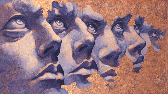 magazine visual on subconscious | self-aware illusion | lucid paranoia | copper light and shadow purple | recursive frame composition | distorted faces | temporal liquefaction | symbolic shadow