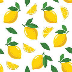 Seamless pattern with yellow lemons, green leaves, and slices. Hand-drawn citrus fruit design perfect for fabric, wrapping paper, or kitchen decor