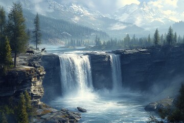 Majestic waterfall in a tranquil mountain valley